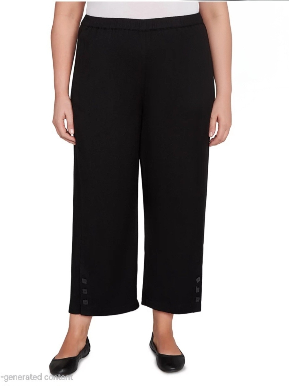 Alfred Dunner Black Wide-Leg Pull-On Pants with Hem Button Detail